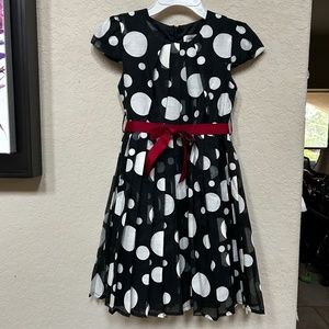 Joe Ella Black Dress with White Polka Dots with Red Ribbon. Size 7